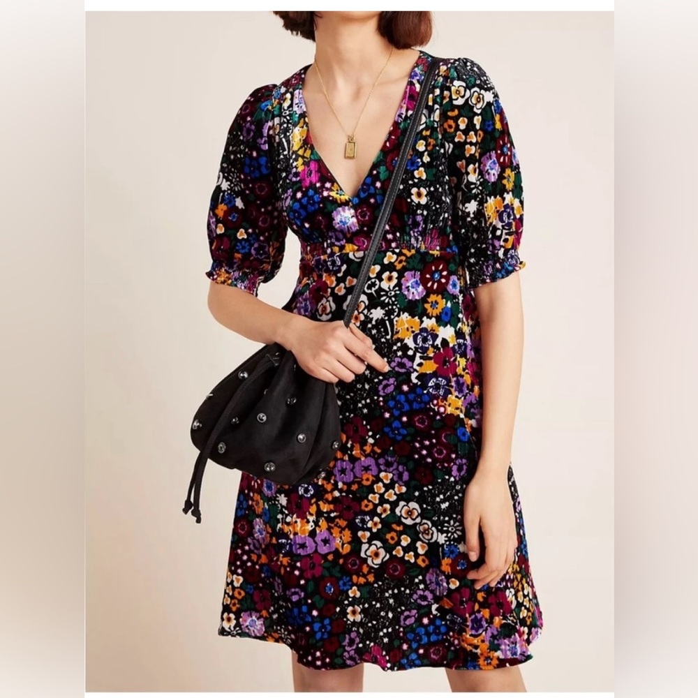 Anthropologie Floral Mini Dress - Black, Purple, Yellow